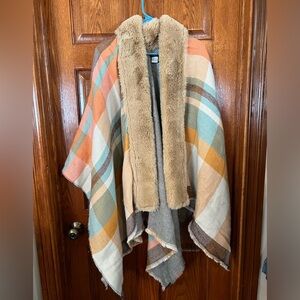 Anthropology Petra Plaid Wrap Knitted With Faux Fur Collar OS